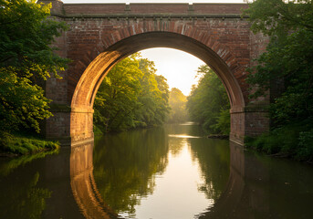 Fototapeta premium Golden sunset illuminating a historic stone arch bridge over a calm river.