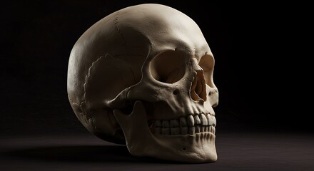 Obraz premium Anatomical human skull model in profile on a dark background. A concept for science, medicine, and mortality.
