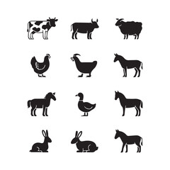 Collection of farm creatures in black silhouette on a white backdrop