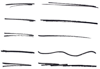 Set of black hand drawn marker pen stroke line transparent background design element doodle scribble underline