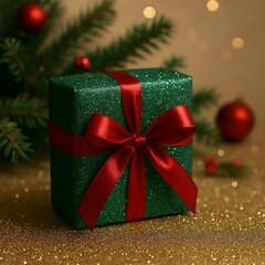 Ein einzelnes Weihnachtsgeschenk gr&uuml;n glitzernd mit roter Schleife im Hintergrund Tannenzweige 