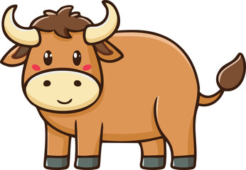 Cartoon illustration of a cute, brown bull with white horns and a happy expression.