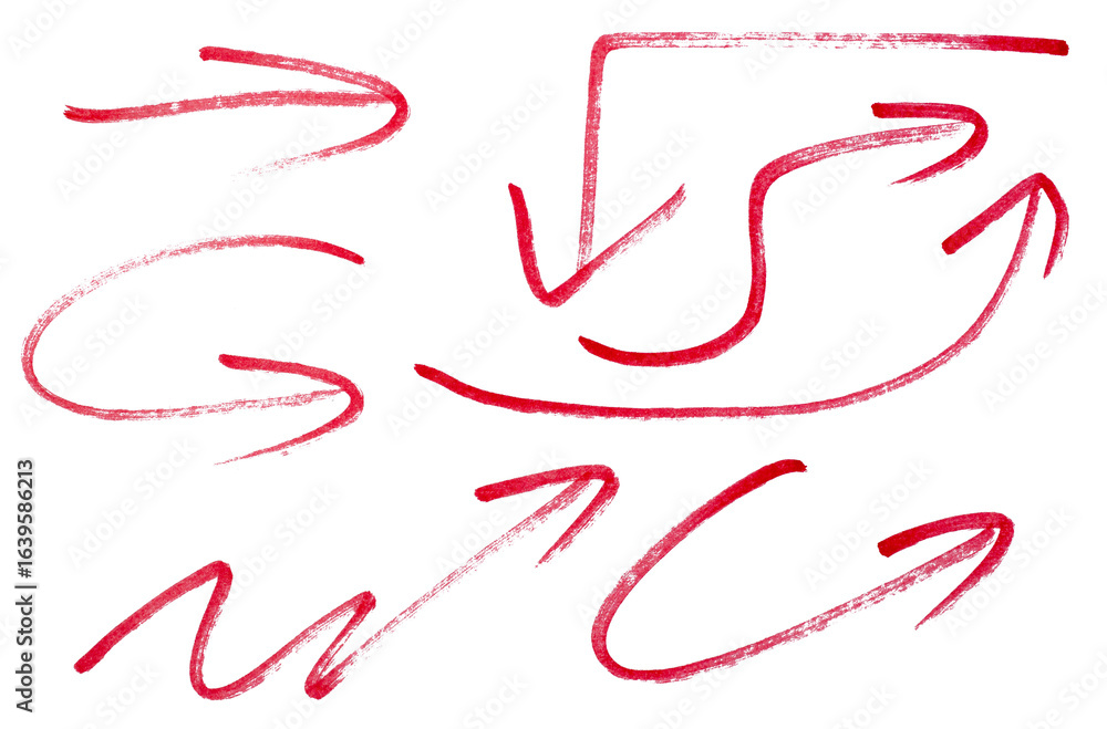 Poster set of arrow sign drawn with red marker on transparent background
