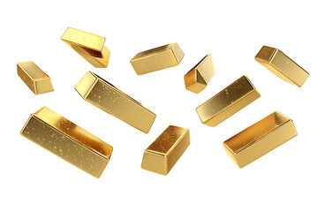 Many gold bars falling on white background
