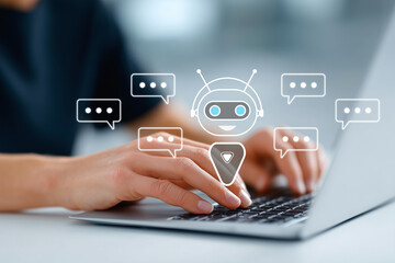 Hands typing on laptop with chatbot and message icons, representing AI assistant, customer service automation, virtual support and artificial intelligence communication system. generative ai