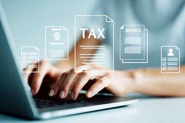 Hands typing on laptop with digital tax document icons. Represents online tax filing, digital invoicing, document management, financial records, and tax compliance. generative ai