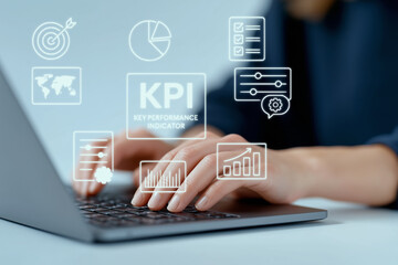 Hands typing on a laptop with KPI (Key Performance Indicator) icons. Represents performance tracking, data analysis, business growth, metrics dashboard, and strategic planning. generative ai