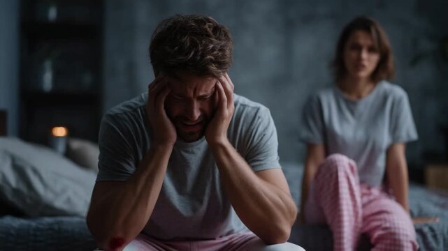 Distressed Couple in a Bedroom: A poignant portrayal of a couple grappling with emotional distress in the privacy of their bedroom, capturing raw vulnerability and inner turmoil.