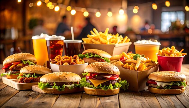 Assorted fast food items displayed on a wooden surface.