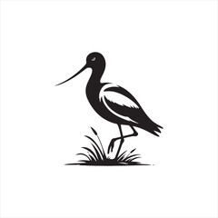 Graceful Avocet Silhouette Vector Art – Elegant Wading Bird with Upturned Beak and Long Legs, Minimal Black Outline Perfect for Wetland Wildlife Themes, Nature Logos, and Decorative Prints
