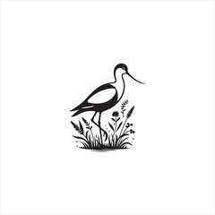 Graceful Avocet Silhouette Vector Art – Elegant Wading Bird with Upturned Beak and Long Legs, Minimal Black Outline Perfect for Wetland Wildlife Themes, Nature Logos, and Decorative Prints
