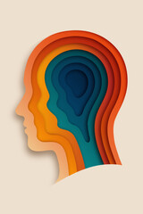 Multicolor paper cut of human head. 3D layered man brain in origami papercutting style vector illustration.