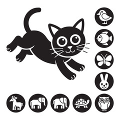 Fototapeta premium Graphic representation of a cat with various animal symbols around it