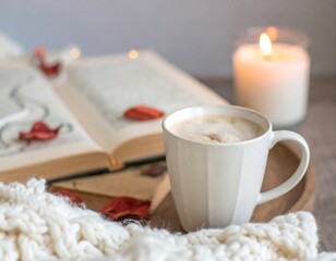 Mug kopi latte putih berbusa dalam suasana musim gugur yang nyaman dengan buku terbuka, daun kering, lilin menyala, dan selimut rajutan. Latar belakang lembut, nada hangat, komposisi damai.