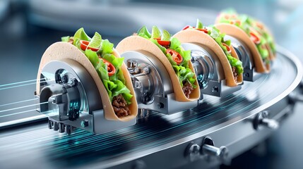 A whimsical 3D render of a miniature taco factory showcasing colorful taco fillings, conveyor belts, and playful handcrafted elements.