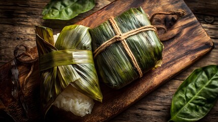 Fototapeta premium Thai sticky rice khao tom mad, wrapped in banana leaf and unwrapped to display its delicious banana filling.