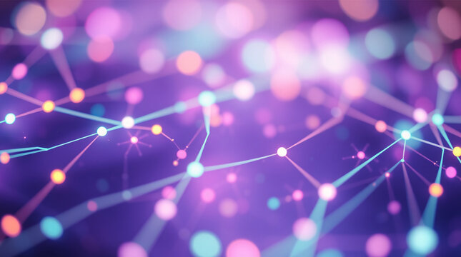 Purple and pink glowing network of interconnected dots with bokeh lights.