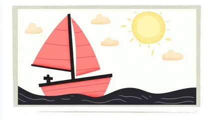 Childlike Drawing Red Sailboat Sunny Day Ocean Scene, Generative AI