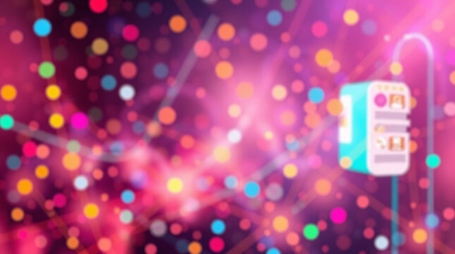 Purple and pink glowing network of interconnected dots with bokeh lights.