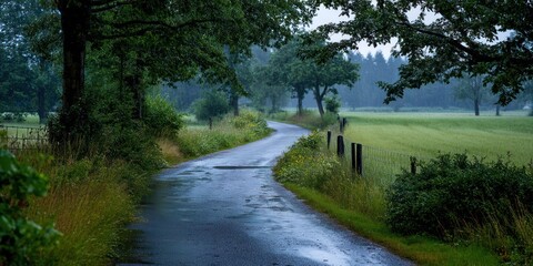 Obraz premium Tranquil rural path on a rainy day, mist and droplets on every leaf