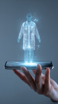Hand holding smartphone or tablet with holographic AI doctor, futuristic telemedicine concept combining artificial intelligence with virtual healthcare consultations, future of remote diagnosis.