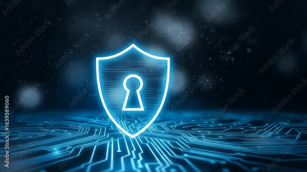 Poster cybersecurity animation showcasing glowing shield with keyhole over circuit board, symbolizing digit