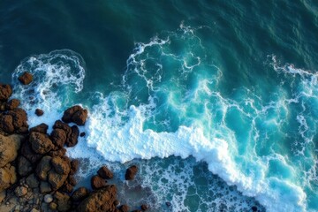 Obraz premium Dramatic aerial of ocean waves crashing on rocky shore, shore, photography, nature