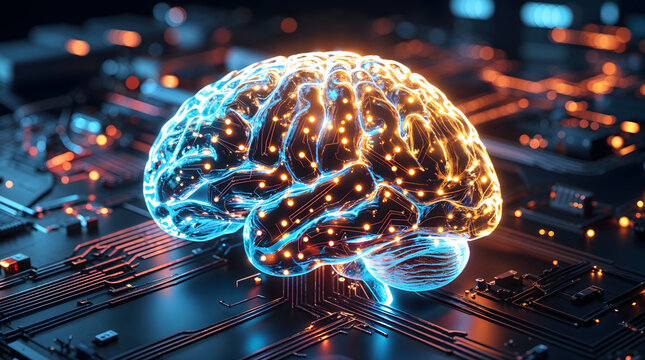Ai brain hologram made of glowing circuits