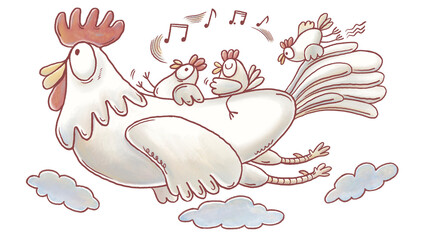 Joyful chicken family adventure high in the sky, tiny chicks, cheerful melody, whimsical illustration style.