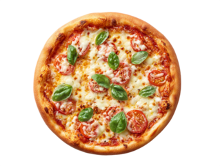Delicious pizza with fresh basil and tomato slices isolated on a transparent background, perfect for Italian cuisine themes, evokes a sense of homemade comfort