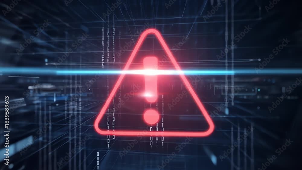 Poster red warning triangles descend through digital code, symbolizing system failure, alert, cyber threat,