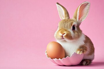 Obraz premium Cute white bunny with pink eyes holding egg in pastel pink background for Easter theme