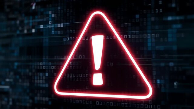 Digital animation shows cascading red warning triangles with exclamation marks on a dark binary code background, symbolizing system failure, alert, digital risk, and cybersecurity threat