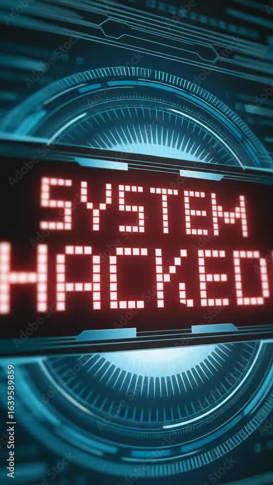Poster system hacked alert flashes across screen, digital interface replicates, symbolizing cyberattack, da
