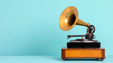 Vintage music experience antique gramophone in a modern studio photography artistic setting close-up perspective nostalgia and history