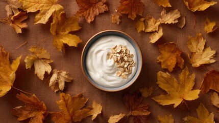 Organic yogurt bowl surrounded by fallen maple leaves. Premium product
