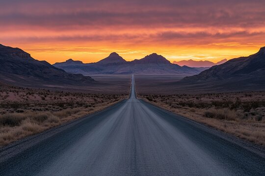 Endless desert highway leading to mountains at sunset