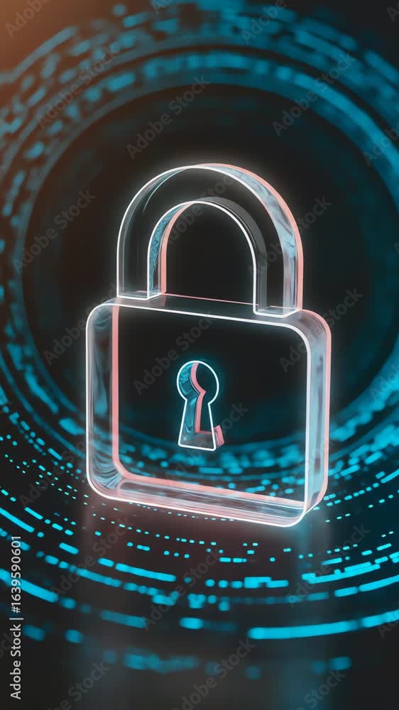 Poster glowing padlocks rotate against a digital backdrop, symbolizing cybersecurity, data protection, and 