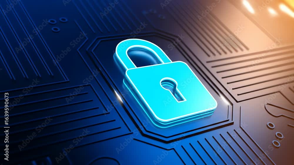Poster cybersecurity animation, glowing blue padlock icons traversing a circuit board, symbolizing digital 