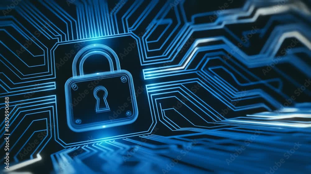 Aufkleber cybersecurity animation: glowing padlock icons descend on a digital circuit board, symbolizing data 