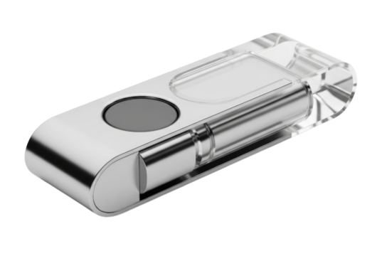 Sleek silver and transparent USB flash drive with clear design and circular button for easy use transparent background, cutout PNG