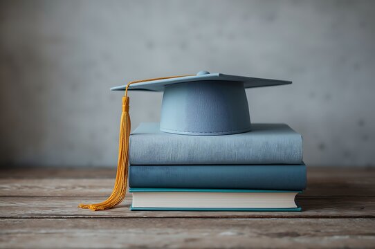 A light blue graduation cap with a gold tassel rests on a stack of three hardcover books against a textured gray background