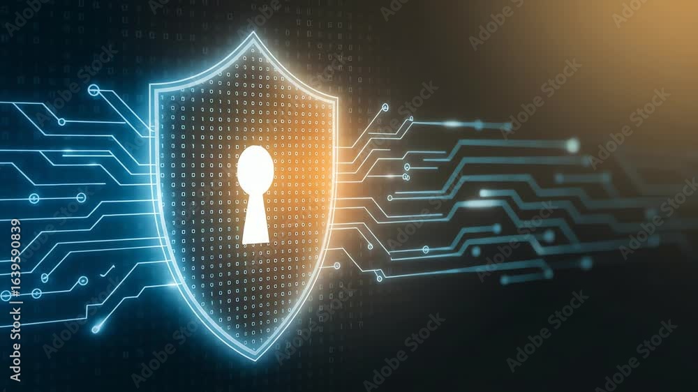 Poster glowing shield with keyhole, binary code background, digital circuits, symbolizes cybersecurity, dat