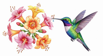 Obraz premium Colorful hummingbird hovering next to open flowers, detailed and delicate watercolor, white background