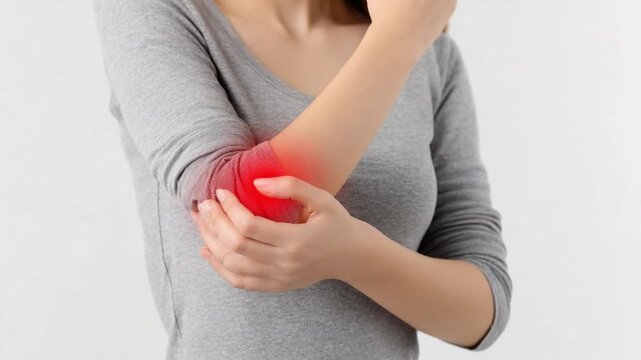 Elbow pain: An intimate, up-close depiction of a person's elbow afflicted with acute pain, visualized through a glowing red effect, highlighting the point of discomfort.