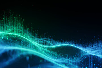 Obraz premium Futuristic glowing blue and green data wave on dark background