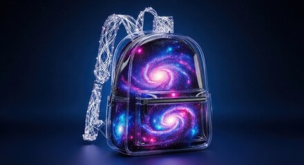 Backpack filled with a vibrant galaxy and stars, representing space exploration, cosmic wonder, and boundless imagination