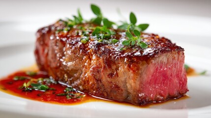 Succulent grilled beef tenderloin, perfectly cooked and garnished with fresh herbs, rests on a white plate with a flavorful reduction sauce.