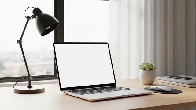 Laptop with Blank Screen on Desk by Window with Lamp and Succulent Plant