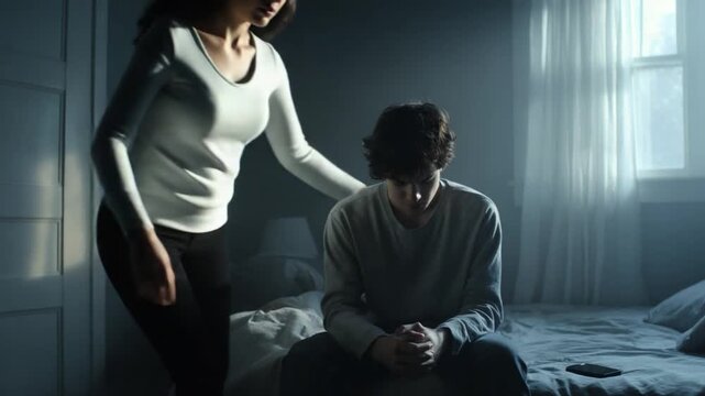 Empathy's Embrace: A poignant scene unfolds as a comforting figure offers solace to a person in distress, the shadows and soft lighting amplifying the mood of concern and support.